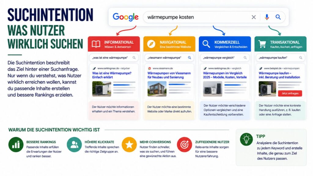 Infografik zur Suchintention mit den vier Suchtypen informational, navigational, kommerziell und transaktional sowie Beispielen für Google-Suchanfragen.