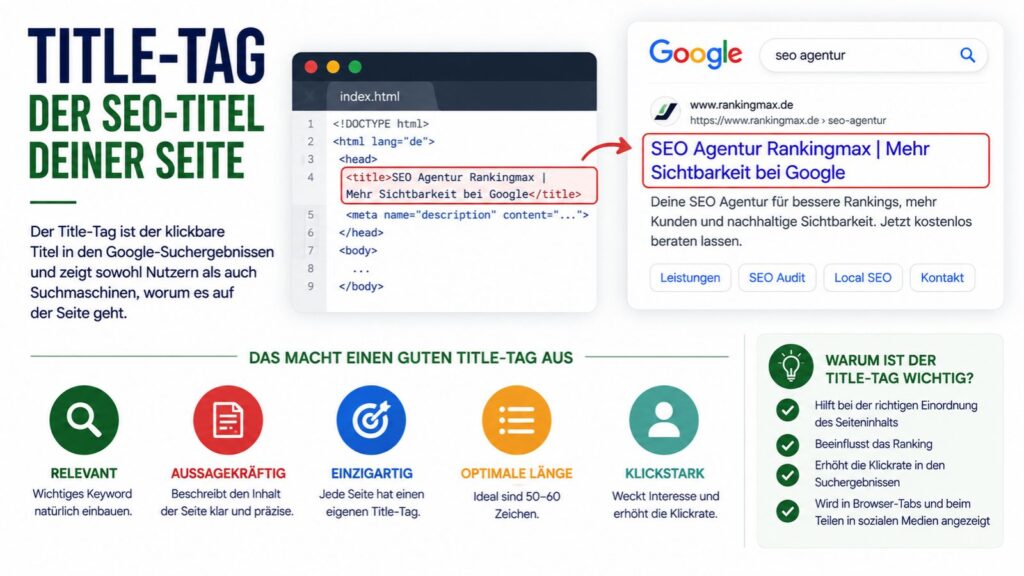 Infografik zum Title-Tag mit HTML-Code, Google-Suchergebnis und Tipps zur Optimierung von SEO-Titeln für bessere Sichtbarkeit und Klickraten.
